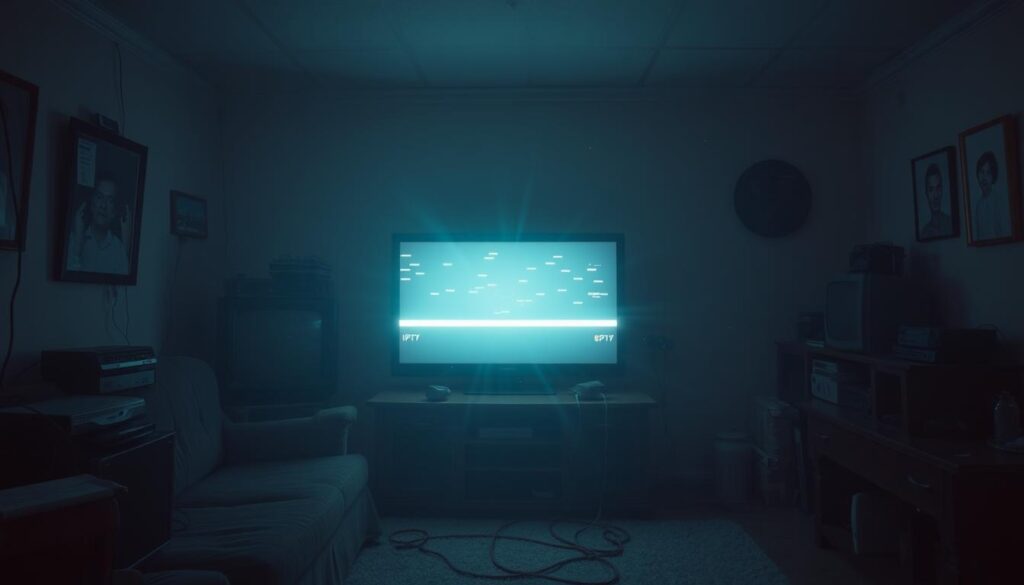A dreary, dimly lit living room with a glitchy, buffering TV screen at the center. The room is cluttered with outdated tech, tangled cables, and a sense of frustration. Dust motes float in the hazy, low-lit atmosphere, creating an air of neglect. The television's flickering display casts an eerie glow, highlighting the problem of IPTV buffering. The camera angle is straight-on, emphasizing the central issue in a relatable, everyday setting. The overall mood is one of aggravation and technological disappointment.