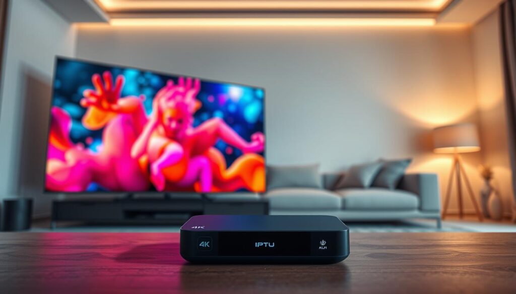 A dynamic and captivating image of IPTV 4K streaming. In the foreground, a large 4K television screen displays vibrant, high-resolution content, showcasing the superior quality of IPTV. The middle ground features a sleek, modern media streaming device, symbolizing the ease of access to the IPTV platform. In the background, a minimalist, elegant living room setting with soft, warm lighting creates a comfortable and inviting atmosphere, emphasizing the seamless integration of IPTV technology into the home environment. The composition is balanced, with a focus on the key elements that highlight the essential features of a quality IPTV service.