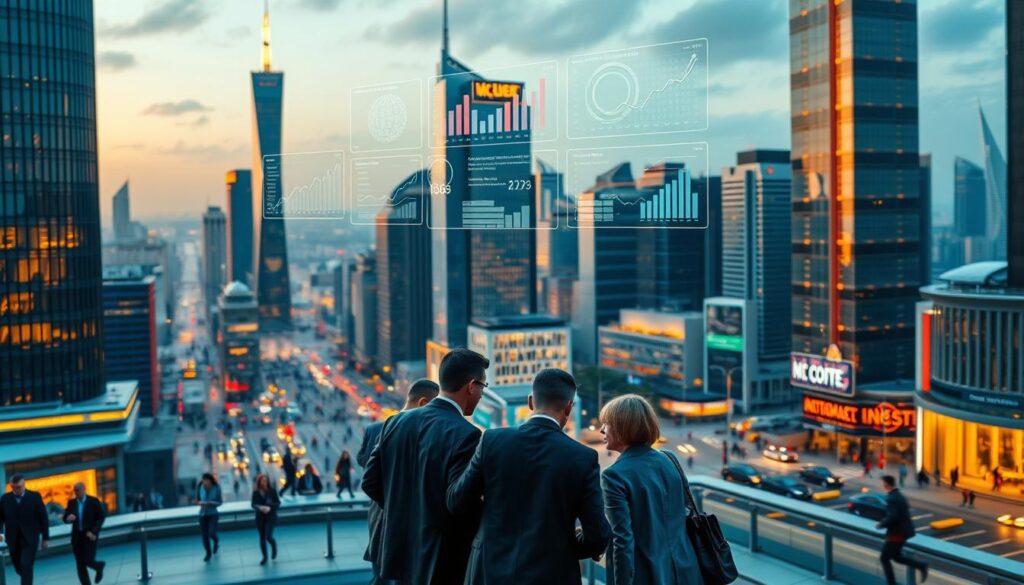 A dynamic cityscape with towering skyscrapers and bustling streets, illuminated by warm, golden lighting. In the foreground, a group of business people in formal attire huddle around a table, engaged in a lively discussion, their expressions conveying a sense of strategic planning and growth. Holographic displays and data visualizations float above the table, showcasing key performance indicators and innovative business strategies. In the middle ground, pedestrians hurry through the streets, embodying the energy and momentum of a thriving commercial district. The background is a panoramic view of the city, with sleek, modern architecture and a vibrant, futuristic atmosphere.