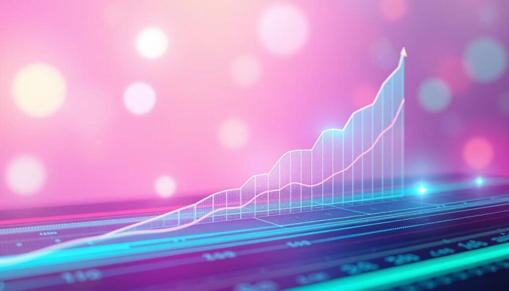 A dynamic, data-driven visualization of the online streaming industry's rapid growth trajectory. A vibrant, upward-trending line chart on a sleek, semi-transparent background, rendered in a cool, futuristic color palette. The chart's lines smoothly ascend, conveying a sense of exponential expansion. Subtle lens flares and a shallow depth of field add depth and a sense of momentum. The overall impression is one of unstoppable, technology-driven progress.