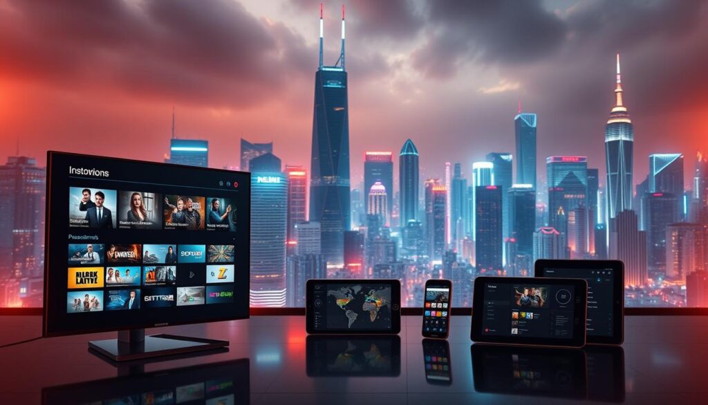 A dynamic digital landscape showcasing an array of customizable IPTV options. In the foreground, a sleek, futuristic user interface displays a diverse selection of streaming channels, themes, and personalization tools. The middle ground features various smart devices, from smartphones to tablets, seamlessly integrating the IPTV ecosystem. In the background, a cityscape of towering skyscrapers and vibrant neon lights creates an immersive, high-tech atmosphere. Warm, diffused lighting illuminates the scene, conveying a sense of innovation and user empowerment. The overall composition emphasizes the flexibility and personalization inherent in the IPTV experience, in contrast to the more rigid, traditional cable TV model.