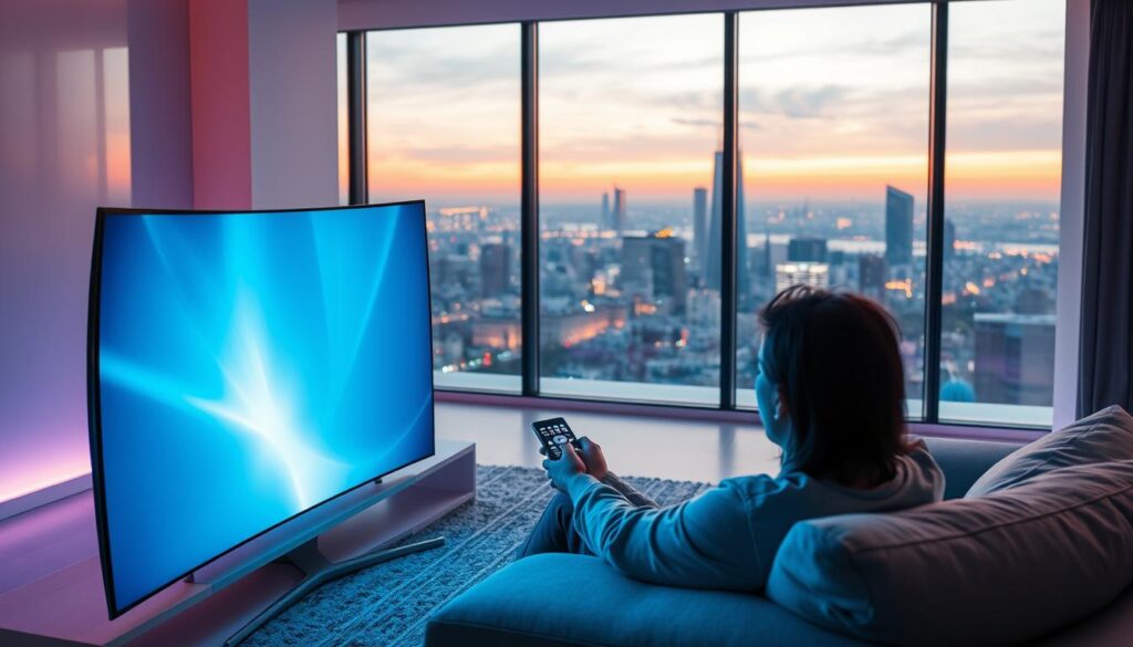 A dynamic, futuristic scene of IPTV streaming in action. A sleek, curved television screen dominates the foreground, displaying a crisp, high-definition image. Amidst a minimalist, high-tech living room setting, a person is seated comfortably, effortlessly controlling the streaming experience with a modern, touch-sensitive remote. Subtle, ambient lighting illuminates the space, creating a sense of tranquility and sophistication. The background features a panoramic cityscape, hinting at the global reach and accessibility of this revolutionary streaming technology. Vibrant colors, clean lines, and a sense of seamless integration between devices and content combine to convey the future of television, where premium quality and affordability coexist harmoniously.