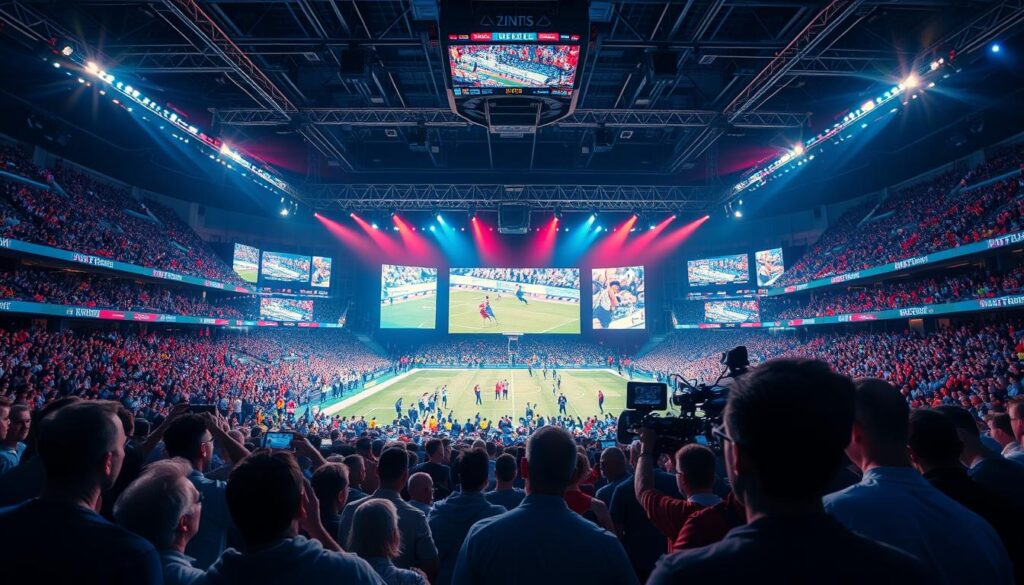 A dynamic, high-energy sports arena with a massive screen broadcasting live sports events, surrounded by a crowd of excited fans. The arena is bathed in vibrant, theatrical lighting, creating a captivating atmosphere. Spectators in the foreground are engrossed in the action, their expressions conveying the thrill of the moment. The middle ground features a state-of-the-art production setup, with cameras, microphones, and technicians, capturing every moment of the live broadcast. In the background, a network of servers and streaming equipment ensures a seamless, reliable IPTV experience for viewers at home.