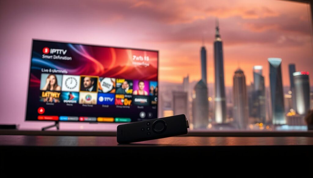 A dynamic scene of IPTV streaming showcasing its cutting-edge technology. In the foreground, a sleek Smart TV displays a vibrant, ultra-high-definition interface with a diverse selection of live channels and on-demand content. In the middle ground, a modern streaming device, such as a Firestick, seamlessly connects to the IPTV service, its minimalist design complementing the overall aesthetic. The background features a futuristic cityscape, with towering skyscrapers and a vibrant, neon-infused skyline, symbolizing the boundless possibilities of this revolutionary streaming platform. Soft, diffused lighting creates a warm, inviting atmosphere, highlighting the seamless integration of IPTV technology into the modern digital landscape.