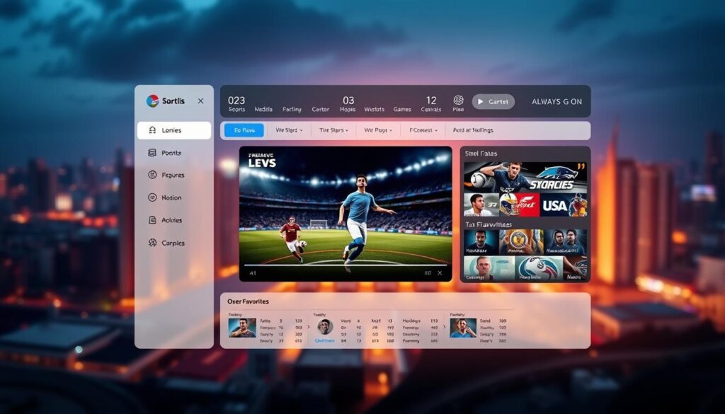 A dynamic sports streaming service interface with a sleek and modern design. In the foreground, a large video player showcases a live sporting event, surrounded by a clean, minimalist UI with intuitive controls and a customizable sidebar. The middle ground features neatly organized sections for different sports leagues, upcoming games, and user favorites. The background is a subtly blurred cityscape, hinting at the global, always-on nature of the service. Warm, energetic lighting creates a sense of excitement and anticipation, while a carefully curated color palette of blues, blacks, and grays conveys a premium, high-tech aesthetic. The overall composition and attention to detail capture the essence of an ultimate sports streaming package.