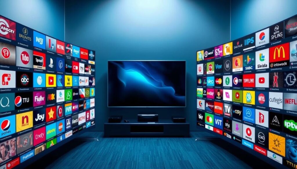 A dynamic, vibrant display of IPTV channels, showcasing a vast array of entertainment options. The foreground features rows of colorful channel logos, each meticulously designed and displayed with a sense of order and professionalism. The middle ground presents a sleek, modern interface, with intuitive navigation controls and a clean, minimalist aesthetic. In the background, a subtle gradient of blues and grays creates a sense of depth and sophistication, evoking the technological prowess of the IPTV service. Soft, diffused lighting illuminates the scene, highlighting the clarity and vibrancy of the channel selection. The overall composition conveys a sense of abundance, accessibility, and high-quality entertainment, perfectly aligning with the section's title and the article's subject matter.