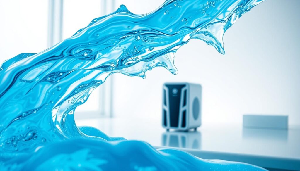 A flowing, ethereal stream of anti-freeze liquid, its icy blue hues glimmering under soft, diffused lighting. The liquid cascades gracefully, seemingly defying gravity, creating mesmerizing patterns and swirls. In the foreground, the anti-freeze stream is the focal point, its movement captured in a split-second, frozen in time. The middle ground features a sleek, high-tech device, its modern design and metallic accents complementing the icy aesthetic. The background is a subtly blurred, minimalist environment, allowing the anti-freeze technology to take center stage. The overall scene conveys a sense of advanced, cutting-edge innovation that enhances the viewing experience.
