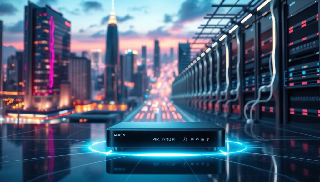 A futuristic 4K IPTV content delivery system. In the foreground, a sleek set-top box emits a bright, ethereal glow, symbolizing the high-quality 4K video it streams. In the middle ground, a series of interconnected servers and network cables pulsate with digital energy, representing the powerful infrastructure powering the IPTV service. In the background, a panoramic cityscape with towering skyscrapers and a vibrant, neon-tinged skyline sets the stage for this advanced technology. The scene is bathed in a cool, futuristic color palette, with highlights of blue, purple, and white, conveying a sense of cutting-edge innovation and a premium, cinematic viewing experience.