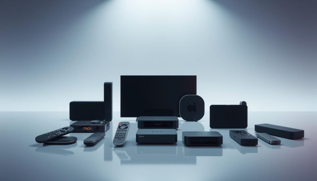 A futuristic and minimalist scene showcasing a variety of modern streaming devices on a sleek, reflective surface. In the foreground, a selection of remote controls, set-top boxes, and portable streaming devices are arranged in an organized display, highlighting their compatibility and interconnectivity. The middle ground features a seamless, gradient-based background, creating a sense of depth and emphasizing the devices. Subtle lighting from above casts a soft, ambient glow, accentuating the clean lines and high-tech aesthetic. The overall mood is one of technological sophistication and streamlined functionality, reflecting the "In-Depth Look at Streaming Devices and Compatibility" section of the article.