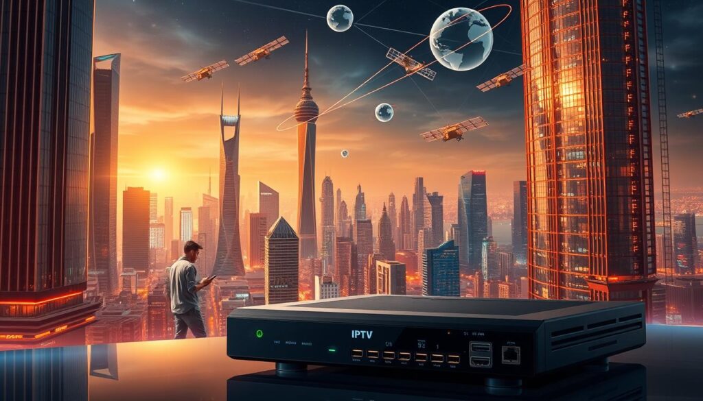 A futuristic cityscape bathed in a warm, glowing light, with towering skyscrapers and sleek, modern architecture. In the foreground, a high-tech IPTV set-top box stands prominently, its sleek design and array of connections showcasing the advanced technology at the heart of this global streaming network. The middle ground features people of diverse nationalities using their mobile devices to access a vast selection of international channels, while satellites and wireless signals crisscross the sky, connecting this digital world. The background is filled with a panoramic view of the city, highlighting the seamless integration of IPTV technology into the urban landscape.
