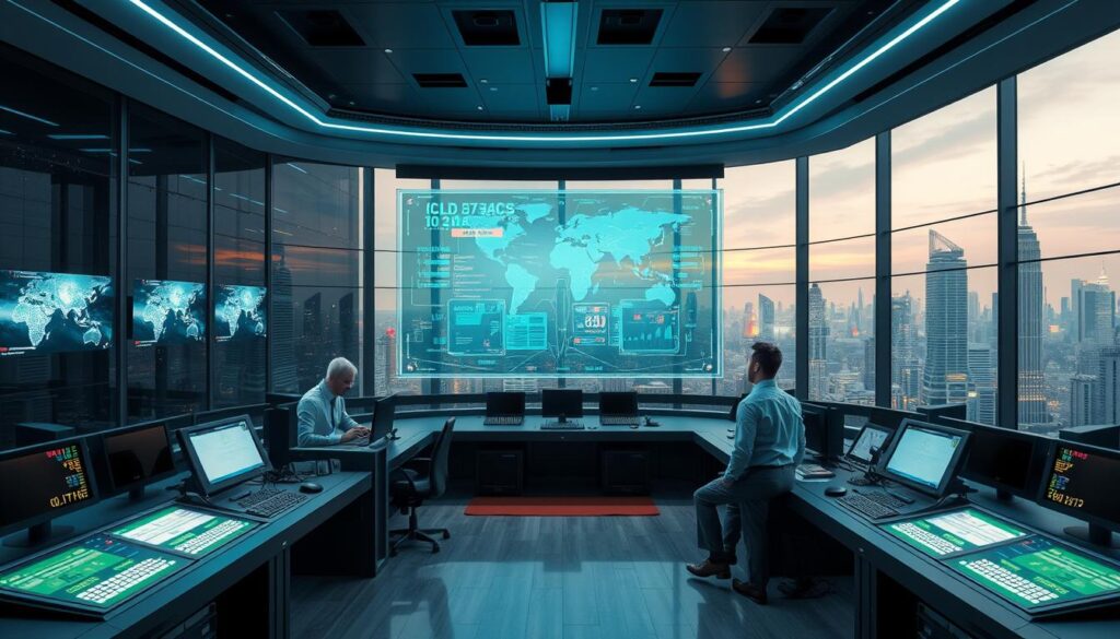 A futuristic control room with a large holographic display in the center, showcasing live IPTV streaming data. The foreground features sleek, high-tech media terminals and control panels with glowing interfaces. In the middle ground, technicians in crisp, uniform attire intently monitor the displays, highlighting the advanced nature of the system. The background reveals a panoramic view of a bustling, high-rise city skyline through floor-to-ceiling windows, suggesting the global scale and connectivity of the IPTV service. The lighting is a harmonious blend of cool, LED-powered illumination and warm, natural daylight, creating a sophisticated, cutting-edge ambiance.