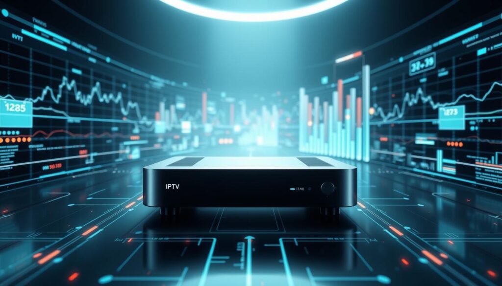 A futuristic digital landscape with a sleek, minimalist IPTV set-top box prominently displayed in the center. The device is surrounded by glowing data streams and network connectivity visualizations, representing the technical requirements for high-quality IPTV streaming. The background features a dynamic array of line graphs, bar charts, and other data visualization elements, conveying the importance of bandwidth, latency, and other performance metrics for seamless IPTV viewing. The overall scene has a clean, high-tech aesthetic with a cool color palette, subtle lighting, and a sense of forward-looking technological sophistication.