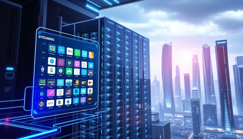 A futuristic, high-tech scene depicting the comparison of streaming technology and traditional cable TV. In the foreground, a sleek, holographic interface showcases the various streaming apps and platforms, with vivid icons and intuitive controls. The middle ground features a towering, glass-encased datacenter, pulsing with energy and housing the powerful servers that power the streaming infrastructure. In the background, a cityscape of gleaming skyscrapers and futuristic architecture sets the scene, hinting at the advanced, interconnected nature of modern media delivery. The lighting is crisp and clean, with a touch of cool, blue tones to evoke a sense of technological sophistication. The overall composition emphasizes the contrast between the agility and convenience of streaming versus the more traditional, hardware-based cable TV systems.