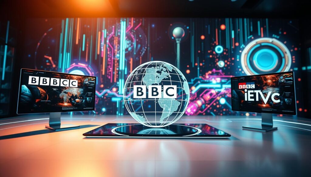 A futuristic, holographic display showcases the BBC's digital transformation. In the foreground, sleek, high-definition screens seamlessly transition between BBC One, BBC Two, and iPlayer content. The middle ground features a dynamic, wireframe globe, symbolizing the global reach of BBC's digital platforms. In the background, a vibrant, abstract backdrop of pulsing data streams and glowing, geometric shapes conveys the technological advancements powering the BBC's digital transition. Soft, directional lighting casts a warm, futuristic glow, while a wide-angle lens captures the entire scene in sharp focus, creating a sense of depth and grandeur.
