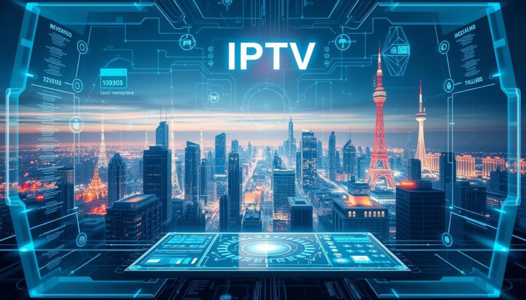 A futuristic, holographic display showcasing the inner workings of IPTV technology. In the foreground, a sleek, transparent interface with dynamic data visualizations and control panels. In the middle ground, interconnected network nodes and servers, glowing with digital energy. In the background, a cityscape of skyscrapers and communication towers, bathed in a cool, ethereal light. The scene conveys the advanced, seamless, and high-tech nature of IPTV, capturing its ability to deliver content with exceptional quality and reliability.