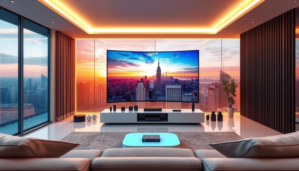 A futuristic scene of IPTV streaming, with a sleek, modern living room as the foreground. In the center, a large, curved OLED TV displays vibrant, high-definition content, surrounded by various streaming devices and smart home gadgets. The middle ground features a minimalist entertainment center, with clean lines and subtle ambient lighting. The background showcases a panoramic city skyline, bathed in a warm, golden glow from the setting sun, creating a sense of technological advancement and urban sophistication. The overall atmosphere is one of seamless integration, where cutting-edge entertainment technology blends effortlessly with contemporary interior design, offering a glimpse into the future of immersive, personalized television viewing.