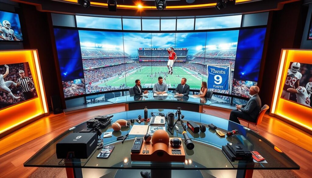 A high-angle shot of a modern sports broadcasting studio, bathed in warm, professional lighting. In the foreground, a sleek glass table with various sports equipment and memorabilia arranged artfully. Behind it, a large curved screen displaying a live feed of a thrilling sporting event in crisp, high-definition video. The middle ground features a team of anchors and commentators engaged in an animated discussion, their expressions conveying the excitement and expertise of premium sports coverage. In the background, a panoramic view of a dynamic city skyline, hinting at the global reach and scale of the iptv sports package.