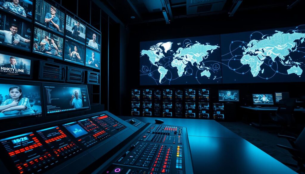 A high-contrast, cinematic image of a modern IPTV control center. In the foreground, a sleek dashboard with a grid of live channel previews, intricate control panels, and glowing status indicators. The middle ground features a rack of powerful servers and network equipment, their LED lights pulsing in sync. In the background, a large display shows a world map with global IPTV network connections visualized as glowing fiber-optic cables. The scene is bathed in a cool, bluish light, conveying the technical complexity and legal weight of IPTV services.