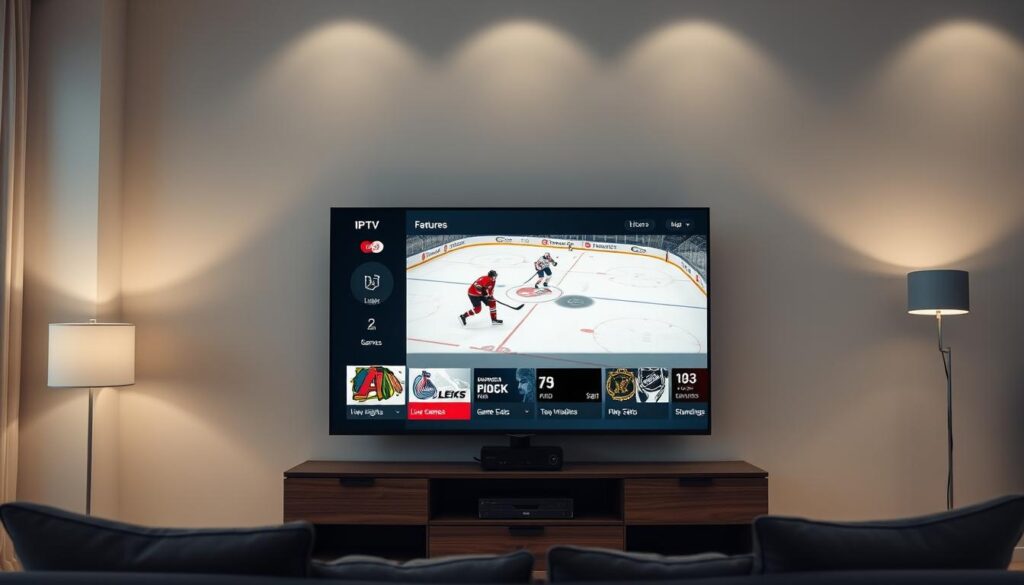 A high-definition cinematic image of an IPTV interface showcasing hockey features on a widescreen TV against a minimalist, modern living room backdrop. The interface presents various options such as live games, game highlights, player stats, and team standings in a sleek, user-friendly design. Soft, diffused lighting from floor lamps illuminates the scene, creating a warm, inviting ambiance. The camera angle is slightly elevated, providing a comprehensive view of the TV and the living space. The overall mood is one of anticipation and excitement for the upcoming hockey action accessible through the IPTV platform.