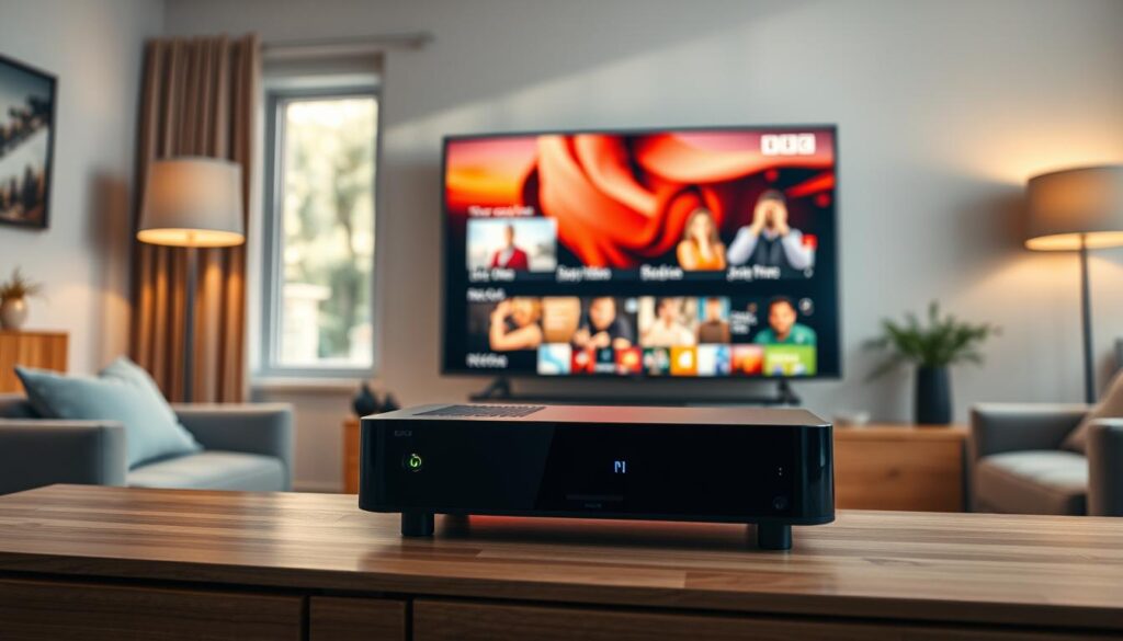 A high-definition, cinematic view of a modern IPTV setup displaying BBC One, BBC Two, and BBC iPlayer content. In the foreground, a sleek, minimalist IPTV device sits atop a wooden media console, its LED indicator glowing softly. The middle ground showcases a large, crisp television screen presenting vivid, colorful BBC programming, with rich, detailed graphics and animations. The background features a warm, cozy living room setting, complete with plush furniture and a large window allowing natural light to pour in, creating a welcoming and relaxing atmosphere. The overall scene conveys the benefits of accessing BBC's premium content in high definition through a reliable and seamless IPTV experience.