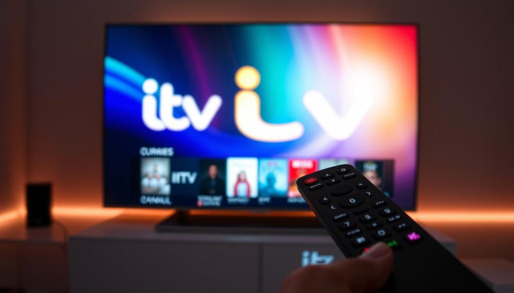 A high-definition digital display showcases the ITV logo, glowing with vibrant colors against a sleek, modern backdrop of an IPTV interface. In the foreground, a remote control hovers, its buttons illuminated, inviting the viewer to seamlessly navigate the streaming service. The middle ground features a minimalist, user-friendly interface, displaying a curated selection of popular ITV shows and movies, ready to be accessed with a few taps. The overall atmosphere conveys a sense of effortless connectivity, where the boundaries between traditional television and on-demand streaming blur, offering a seamless and personalized viewing experience.