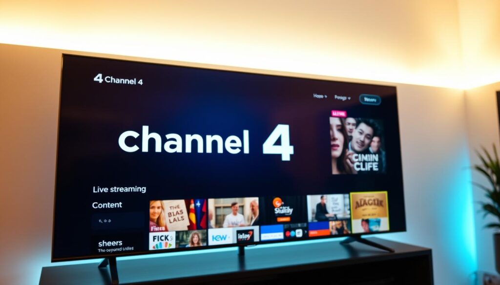 A high-definition digital display showcasing the Channel 4 logo and branding, with a sleek user interface featuring various live streaming and on-demand content options. The scene is bathed in a warm, ambient lighting, creating a visually appealing and modern aesthetic. The focus is on the central display, with the background subtly blurred to emphasize the content. The composition is balanced, with a slight angle to add depth and visual interest. The overall impression is one of a seamless, high-quality IPTV experience for accessing Channel 4's diverse programming.