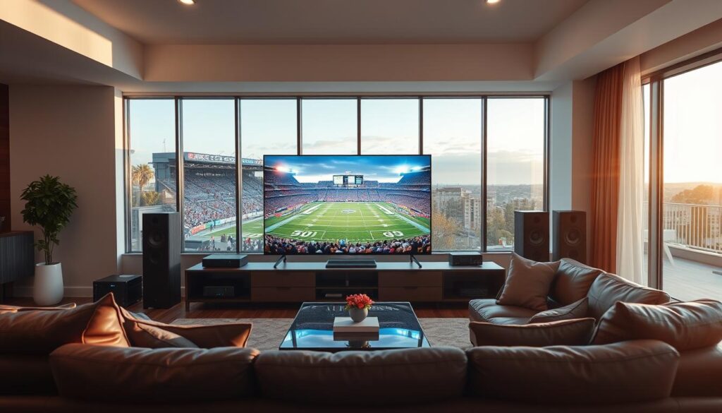 A high-definition sports streaming experience in a modern living room setting. In the foreground, a sleek smart TV displays a crisp, vibrant live event feed, surrounded by premium home theater equipment. The middle ground features a comfortable leather sofa and coffee table, creating an inviting and immersive viewing atmosphere. The background showcases floor-to-ceiling windows, letting in natural light and providing a scenic outdoor vista, evoking a sense of luxury and exclusivity. The overall mood is one of sophistication, technological advancement, and the highest quality in premium sports entertainment.