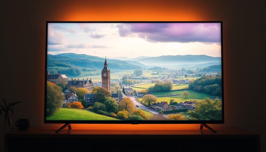 A high-definition television screen displaying a vibrant, immersive British landscape. Crisp, detailed visuals with a wide color gamut and deep blacks create a cinema-quality experience. Soft, warm lighting illuminates the scene, casting a cozy, inviting atmosphere. The image is framed with a modern, minimalist aesthetic, emphasizing the screen's edge-to-edge display. The overall composition conveys a sense of premium quality, highlighting the benefits of accessing British channels in stunning HD resolution.