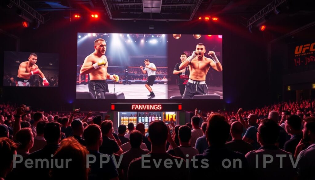 A high-energy live event hall, with a massive screen projecting boxing and UFC matches. In the foreground, a group of sports fans excitedly watching the action, their faces illuminated by the glow of the screen. The middle ground features a concession stand offering beverages and snacks, creating a vibrant atmosphere. The background is filled with dramatic lighting, creating a cinematic ambiance. The scene conveys the excitement and immersion of watching premium PPV sports events on a large IPTV setup, perfect for the article's "Popular PPV Sports Events on IPTV" section.