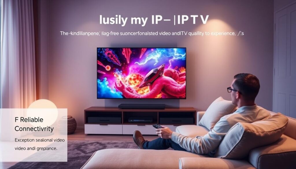 A high-quality IPTV streaming experience, showcased in a serene living room setting. A large 4K television displays vibrant, crystal-clear footage, surrounded by a minimalist, modern decor. Soft, indirect lighting creates a cozy ambiance, while the viewer lounges comfortably on a plush sofa, remote in hand, immersed in the seamless, lag-free performance of the IPTV service. The room conveys a sense of relaxation and entertainment, highlighting the key features of reliable connectivity, exceptional video and audio quality, and a user-friendly interface that elevates the IPTV viewing experience.