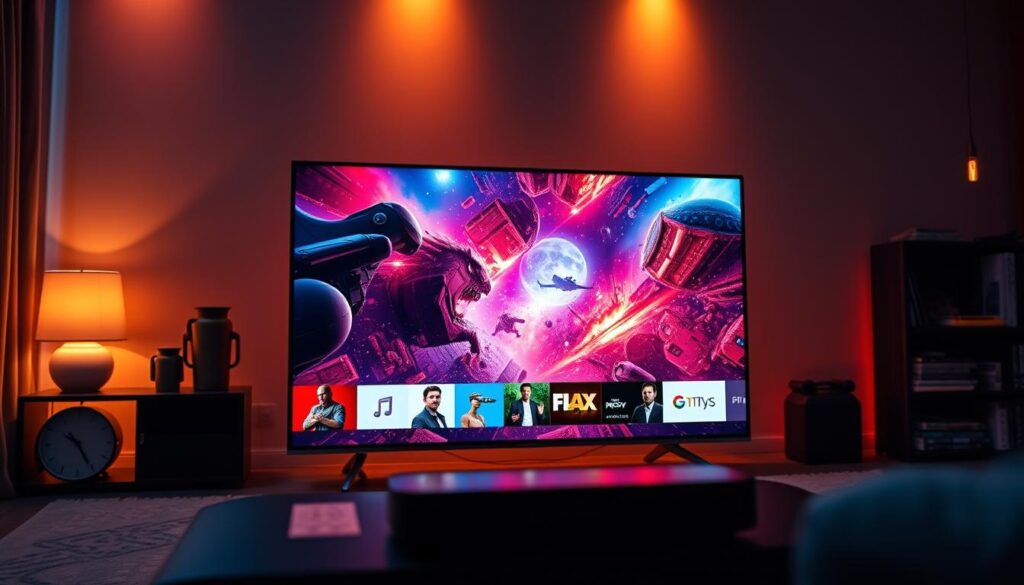 A high-quality IPTV streaming experience, with a crisp, vibrant 4K display and a sleek, minimalist user interface. The image should depict a modern smart TV or streaming device, showcasing a vivid, immersive visual representation of the content being streamed, with a strong emphasis on the exceptional clarity and detail of the image quality. The scene should be bathed in a warm, cinematic lighting, creating a cozy, inviting atmosphere that captures the premium nature of the IPTV subscription. The overall composition should convey a sense of technological sophistication and a commitment to delivering the ultimate home entertainment experience.