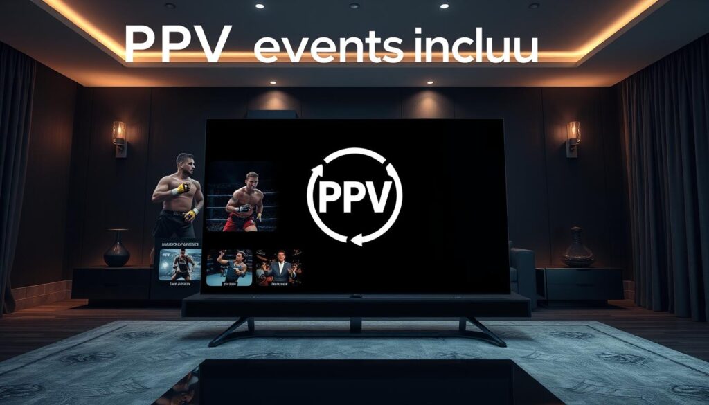 A high-quality, cinematic image depicting "PPV events included" in an IPTV service. The foreground shows a sleek, modern television display showcasing various combat sports events such as UFC, boxing, and special shows. The middle ground features a stylized PPV logo or icon, conveying the idea of exclusive access without extra cost. The background is a dimly lit, sophisticated living room setting with subtle lighting accents, creating a luxurious and immersive atmosphere. The overall composition has a clean, minimalist aesthetic, emphasizing the seamless integration of PPV content into the IPTV experience.