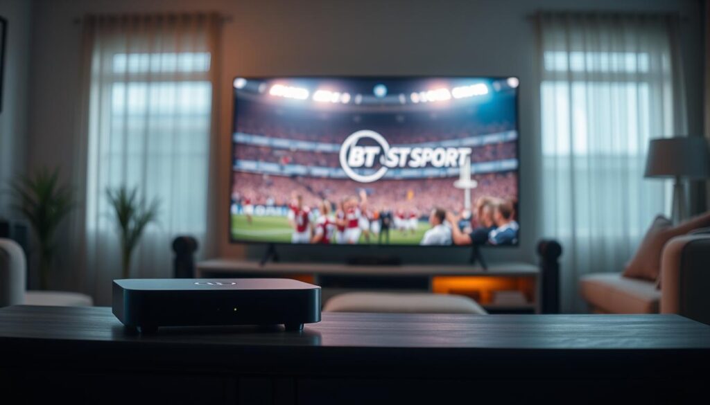 A high-quality, cinematic image showcasing the benefits of watching BT Sport through IPTV. In the foreground, a sleek 4K IPTV streaming device with a modern, minimalist design sits atop a dark, wooden entertainment console. The device's soft, ambient glow illuminates the space, casting a warm, inviting atmosphere. In the middle ground, a large, high-definition television displays the BT Sport logo and live coverage of a Premier League or Champions League match, with players in sharp focus and the audience visible in the background. The lighting is soft and natural, creating depth and highlighting the dynamic action on the screen. In the background, a cozy living room setting, with plush seating and subtle decor, suggests the comfort and convenience of enjoying premium sports content from the convenience of one's own home.