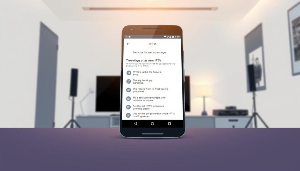 A high-quality, detailed illustration of an "IPTV setup guide" for an Android device. The image shows a modern, sleek Android smartphone or tablet in the foreground, with the screen displaying step-by-step instructions for setting up an IPTV service. The background features a minimalist, modern interior design with subtle hints of technology, such as cables or networking equipment. The lighting is soft and warm, creating a calm and informative atmosphere. The overall composition is balanced and visually appealing, highlighting the process of configuring an IPTV system on an Android mobile device.