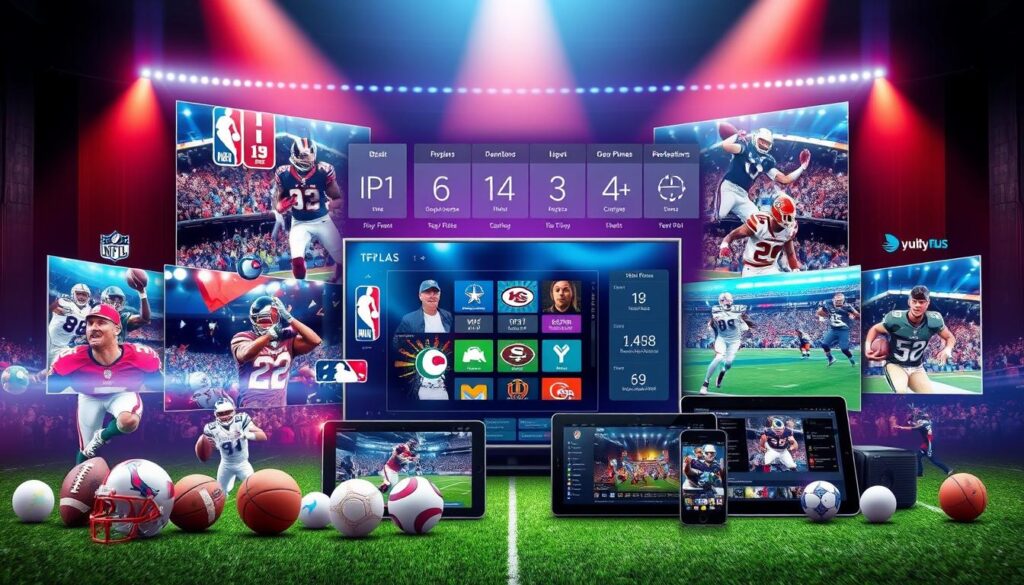 A high-quality, detailed illustration of the essential features of a premium IPTV sports package. The foreground showcases various sports icons, logos, and live game feeds, representing the diverse range of leagues and events included, such as NFL, NBA, MLB, and PPV. The middle ground features an array of smart devices, including televisions, tablets, and smartphones, highlighting the multiplatform accessibility of the package. In the background, a sleek, modern UI design with intuitive navigation and customization options creates an immersive, user-friendly experience. Vibrant colors, dynamic lighting, and a crisp, high-resolution rendering convey the premium, cutting-edge nature of the IPTV sports package.