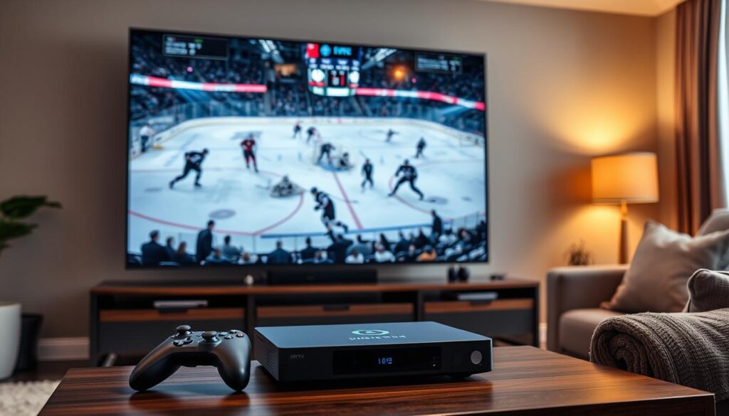 A high-quality hockey game broadcast playing on a large widescreen IPTV display, showcasing the sport's fast-paced action and dynamic camera angles. The screen is prominently featured, taking up the central focus of the composition, with a sleek modern entertainment setup in the foreground, including a high-end streaming media device and wireless gaming controllers. The background features a cozy living room environment, with warm indirect lighting, plush seating, and subtle sports memorabilia decorations, evoking the comfort and convenience of watching hockey at home through an IPTV service.