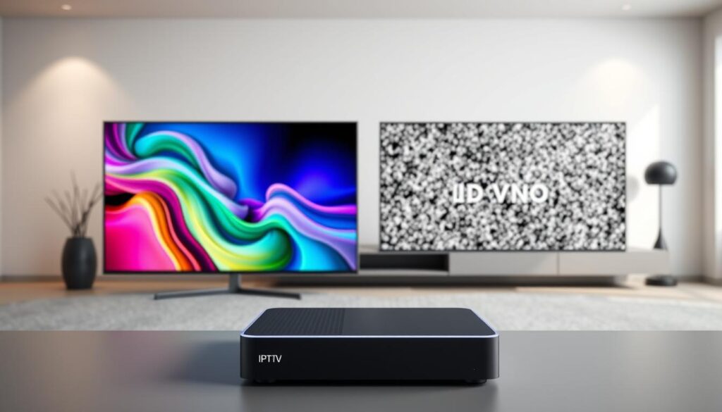 A high-quality, professional 3D-rendered image depicting the comparison between IPTV and Cable TV. In the foreground, two side-by-side 4K television screens showcase the visual clarity and color vibrancy of IPTV on the left, juxtaposed with the more muted and pixelated quality of traditional cable TV on the right. In the middle ground, sleek, modern set-top boxes represent the IPTV and cable TV service providers, with the IPTV box featuring a minimalist, streamlined design. The background depicts a minimalist, contemporary living room setting with neutral tones and clean lines, highlighting the technological advancement and seamless integration of IPTV into the modern home entertainment experience. Soft, directional lighting casts a warm, inviting glow across the scene, emphasizing the premium quality and user-friendly nature of IPTV.