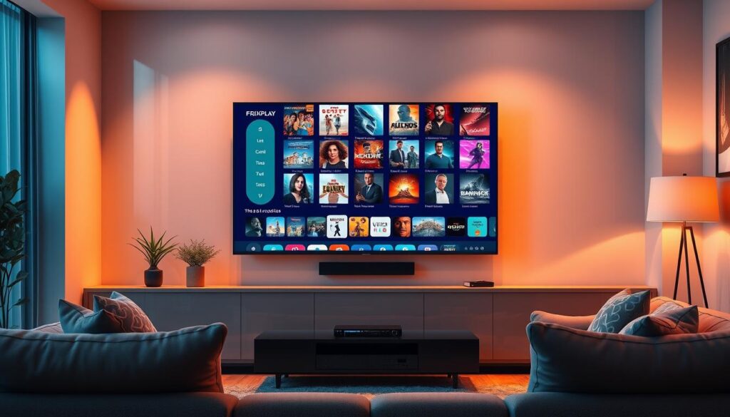 A high-quality, realistic digital illustration showcasing a modern living room setup, featuring a large flatscreen TV mounted on the wall. The TV screen displays a vibrant and diverse array of on-demand movie channels, representing the global coverage and reliability of the FRIXPLAY streaming service. The room is bathed in warm, diffused lighting, creating a cozy and inviting atmosphere. The composition emphasizes the centrality of the TV, with subtle details in the foreground, such as a comfortable sofa and a sleek media console, complementing the scene. The overall impression conveys the convenience and accessibility of premium entertainment content at the user's fingertips.