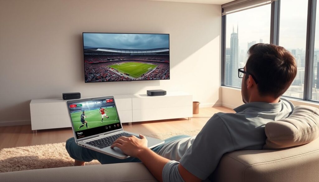 A high-quality, ultra-detailed 4K digital illustration of the IPTV Premier League viewing experience. In the foreground, a person relaxing on a sofa, laptop open, streaming a Premier League match on an IPTV service. The screen displays a live feed with high-definition resolution and no buffering or lag. The middle ground features a modern, minimalist living room setup with a large flat-screen TV mounted on the wall, connected to an IPTV set-top box. In the background, a panoramic window overlooks a bustling city skyline, conveying a sense of urban sophistication. The lighting is soft and natural, creating a warm, inviting atmosphere. The overall scene exudes a feeling of convenience, seamlessness, and an elevated Premier League viewing experience made possible by IPTV technology.