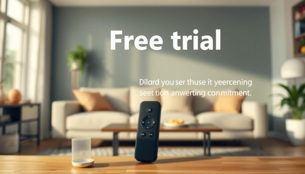 A high-quality, visually striking image showcasing a "free trial streaming service" with a clean, modern design. The foreground features an elegant remote control with sleek lines and a minimalist aesthetic, hinting at the user-friendly interface of the service. The background depicts a cozy living room setting, filled with natural light and a comfortable sofa, creating a welcoming atmosphere for the viewer to immerse themselves in the free trial experience. The image should convey a sense of simplicity, accessibility, and the joy of discovering new entertainment options without any long-term commitments.
