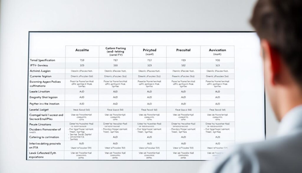 A high-quality, well-lit comparison table of leading IPTV service providers, shot with a professional camera at a slight overhead angle. The table features detailed specifications and pricing information for each provider, presented in a clean, organized layout against a soft, blurred background. The mood is authoritative and informative, conveying a sense of trust and reliability. The lighting is natural and evenly distributed, highlighting the clarity and precision of the data. The overall composition guides the viewer's attention to the key details, making it an ideal visual accompaniment for the "Review of Leading IPTV Service Providers" section.