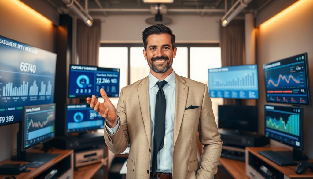 A high-resolution, cinematic image of an IPTV reseller standing in a well-lit, modern office space, surrounded by various digital devices and screens displaying IPTV platform statistics and analytics. The reseller is dressed in a sharp, professional outfit, with a confident expression, gesturing towards the screens to illustrate the lucrative benefits of becoming an IPTV reseller. The background features sleek, minimalist decor, conveying a sense of technological sophistication and business success. Warm, directional lighting from a large window creates a sense of depth and highlights the reseller's features. The overall mood is one of professionalism, opportunity, and the financial rewards of the IPTV reseller model.