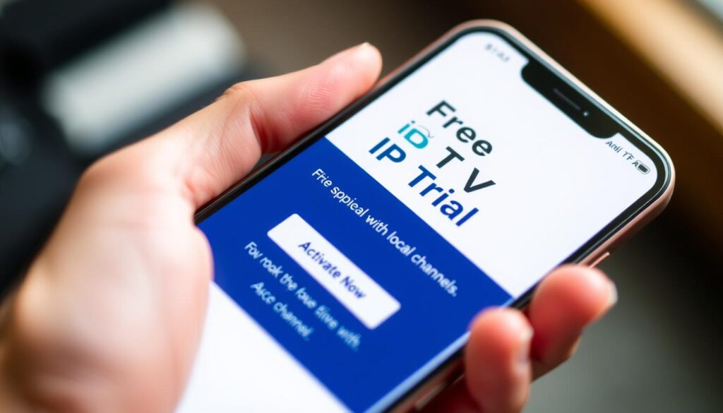 A high-resolution close-up image showcasing a mobile phone screen with a "Free IPTV Trial" offer. The phone is held in a person's hands, with a clean, minimalist design and vibrant colors. The screen displays a simple, user-friendly interface with a prominent "Activate Now" button and a concise description of the trial. The background is blurred, creating a sense of focus on the device and the offer. The lighting is soft and natural, highlighting the screen's clarity and the phone's premium build. The overall mood is one of accessibility, convenience, and the excitement of unlocking a free IPTV experience with local channels.