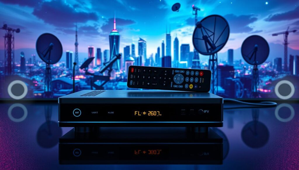 A high-tech control panel featuring various IPTV-related elements. In the foreground, a sleek cable box with glowing indicator lights sits atop a glossy black surface. In the middle ground, a 4K IPTV remote with intuitive touch controls, surrounded by various digital satellite dishes and ethernet cables. The background depicts a futuristic cityscape with skyscrapers, antennas, and a vibrant, neon-tinged night sky, conveying the advanced, cutting-edge nature of IPTV technology. The lighting is sharp, high-contrast, and slightly cool-toned, creating a sense of modernity and sophistication.