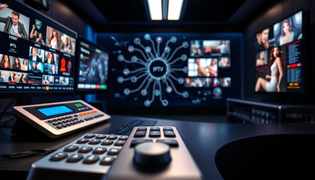 A high-tech control panel with multiple displays showcasing various adult IPTV channels and streaming options. Sleek, silver-toned devices with touchscreen interfaces, flashing status indicators, and technical readouts. In the foreground, a modern remote control with intuitive controls for easy navigation. The middle ground features a complex network diagram illustrating the secure, encrypted transmission of premium adult content. The background depicts a dimly lit, minimalist office space, hinting at the professional, discreet nature of the adult IPTV service. Subtle blue and purple hues create a sophisticated, high-end atmosphere. Crisp, high-resolution rendering with a focus on technical precision and attention to detail.