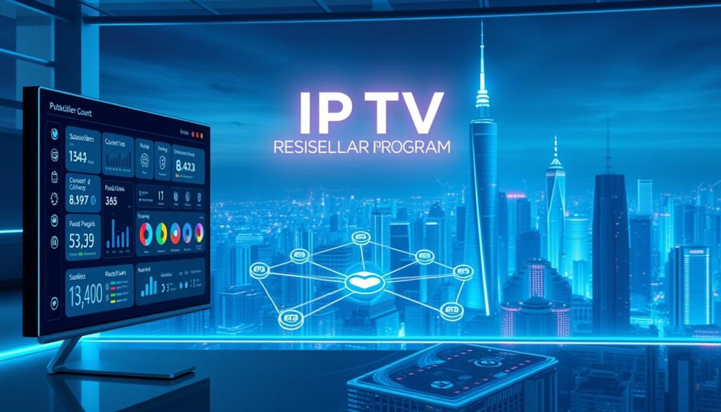 A high-tech digital display showcasing the features of an IPTV reseller program. The foreground features a sleek, minimalist interface with intuitive controls and data visualizations, highlighting key metrics like subscriber count, content library, and revenue streams. The middle ground depicts a network diagram illustrating the flow of content and services between the IPTV provider, resellers, and end-users, conveying the scalable and collaborative nature of the program. The background features a futuristic cityscape with towering skyscrapers and advanced telecommunication infrastructure, evoking a sense of the program's technological sophistication and global reach. The overall scene is bathed in a cool, neon-infused color palette, creating a professional, cutting-edge atmosphere.