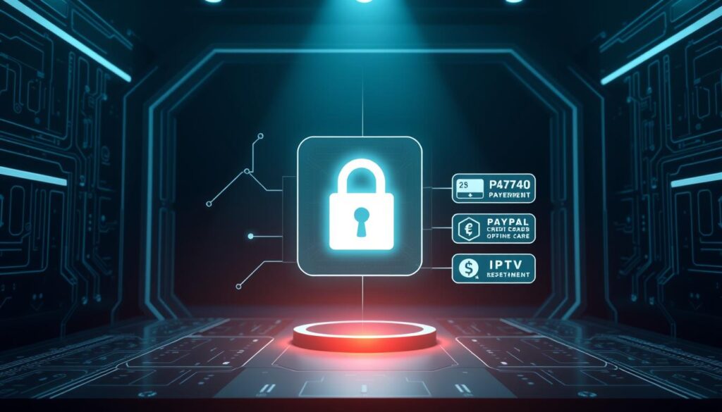 A high-tech digital payment gateway with a secure lock icon, surrounded by futuristic circuit boards and data streams. The foreground features a stylized IPTV service logo subtly integrated into the design. The middle ground showcases a holographic display demonstrating various payment options, including PayPal, credit card, and cryptocurrency wallets. The background is a sleek, minimalist environment with a dark, moody color palette, conveying a sense of trust and reliability in the IPTV payment system. Lighting is soft and directional, creating depth and emphasizing the technological elements. The overall composition suggests a cutting-edge, sophisticated approach to IPTV payment security.