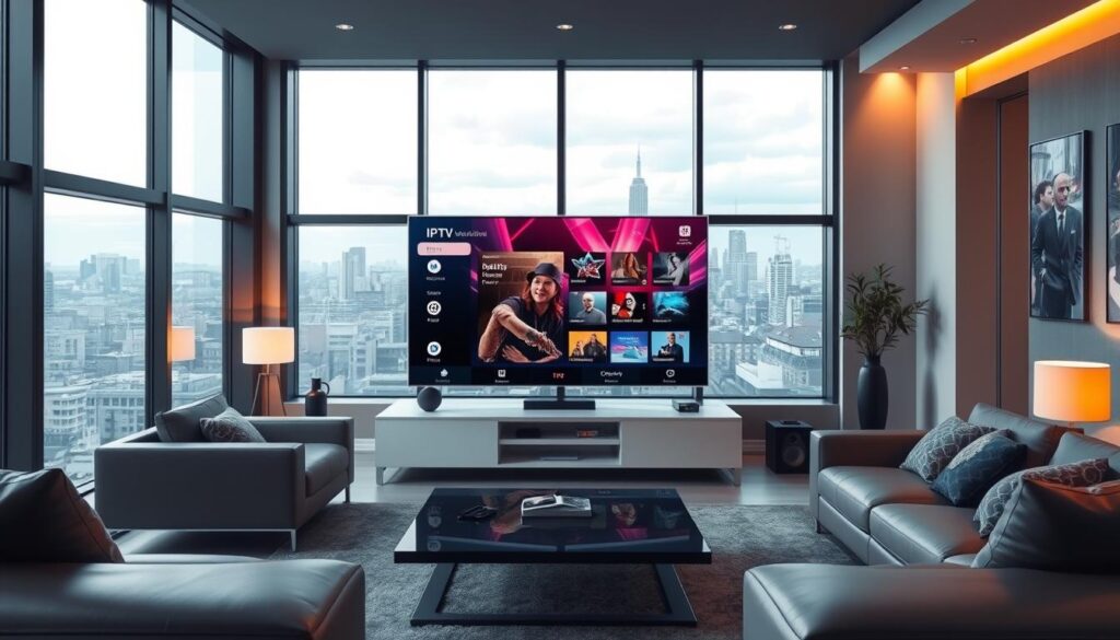 A high-tech living room with a large flat-screen TV displaying a vibrant IPTV streaming interface. The TV is positioned prominently in the foreground, surrounded by sleek modern furniture and minimalist decor. Soft, warm lighting illuminates the scene, creating a cozy and inviting atmosphere. In the background, a large window overlooks a cityscape, hinting at the urban setting and the need for a secure IPTV solution. The image conveys the comfort and convenience of IPTV streaming, while also suggesting the importance of privacy and security for UK-based users.