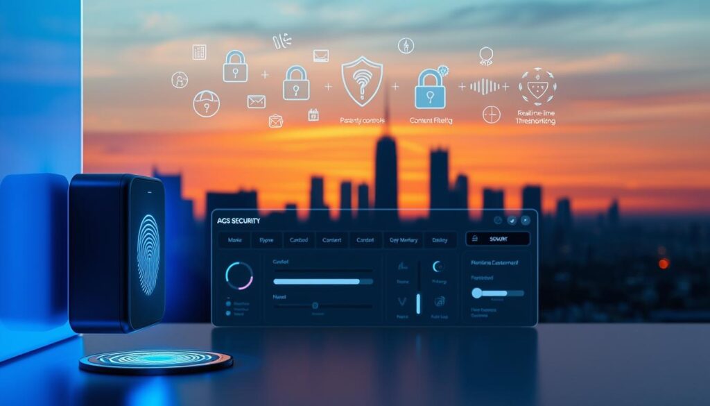 A high-tech security interface with sleek, premium design elements. In the foreground, a biometric fingerprint scanner glows with a subtle blue light. Floating above it, a series of dynamic security icons and symbols provide a visually compelling representation of advanced cybersecurity features. The middle ground showcases a minimalist dashboard with toggles and sliders controlling parental controls, content filtering, and real-time threat monitoring. The background features a city skyline silhouetted against a vibrant sunset, conveying a sense of urban sophistication and technological prowess. Crisp, evenly-distributed studio lighting accentuates the futuristic, high-end aesthetic.