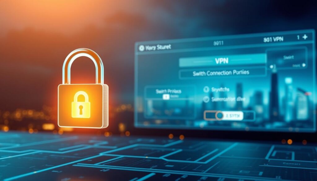 A highly secured VPN connection with a glowing encryption lock in the foreground, representing secure data transmission. In the middle ground, a sleek VPN interface with switching options and connection status, conveying the user experience. The background depicts a serene night sky with a futuristic city skyline, suggesting a sense of privacy and protection in the digital realm. The lighting is soft and atmospheric, creating a calming yet technically sophisticated visual. The entire scene exudes a sense of trust, reliability, and cutting-edge VPN technology.